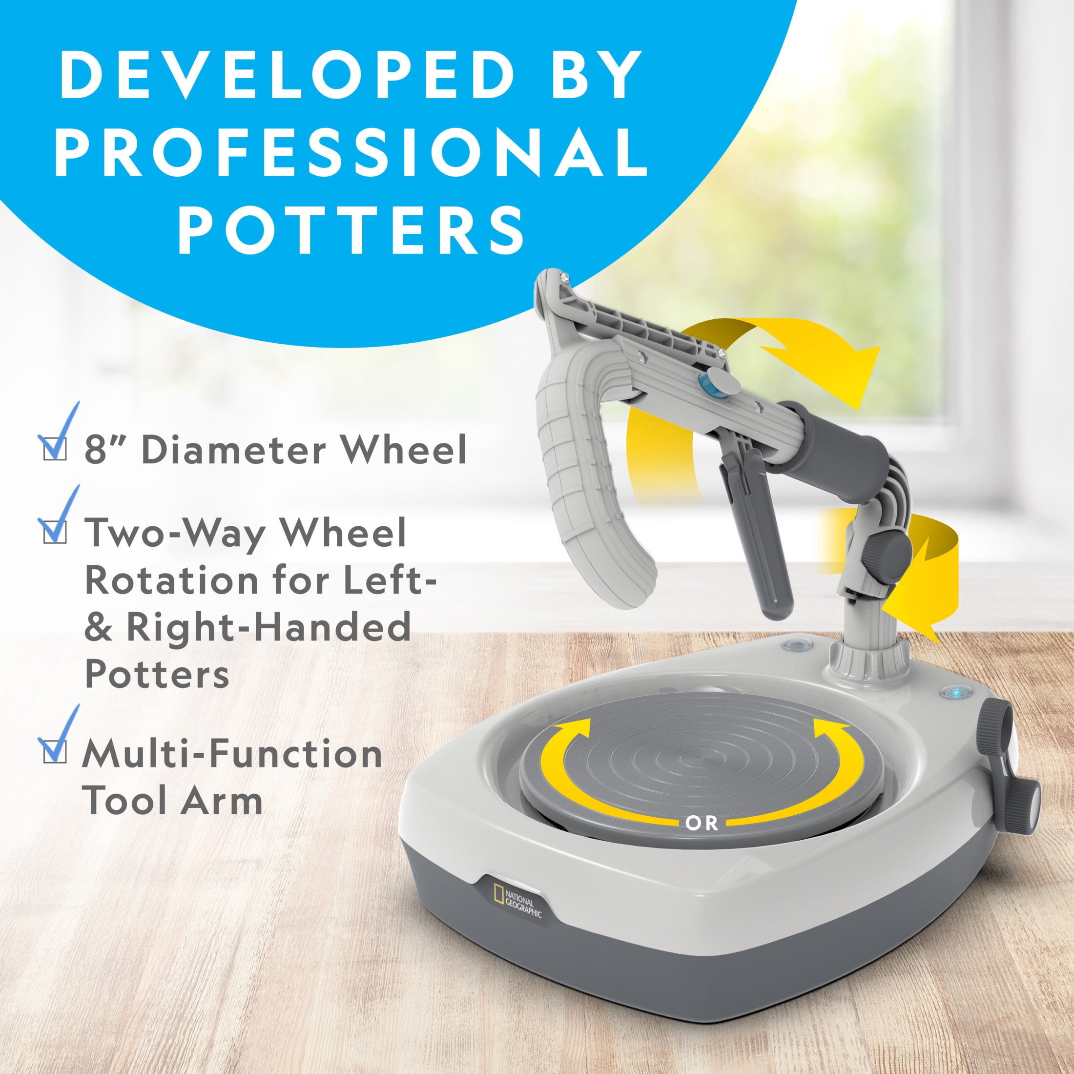 NATIONAL GEOGRAPHIC Hobby Pottery Wheel Kit - 8" Variable Speed Pottery Wheel for Adults & Teens Age 14+ with Innovative Arm Tool, 3 lbs. Air Dry Clay & Art Supplies