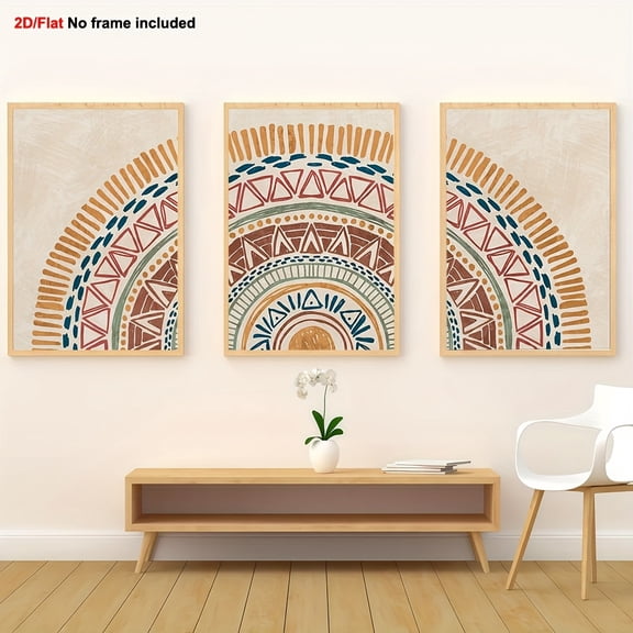 3pcs Decorative Paintings, 2D Flat Frameless Canvas Wall Art Set of 3, Sun Geometric Pattern Prints, Minimalist Mid-Century Modern Bohemian Style Bedroom and Living Room Décor, 2D Flat, Perfect for