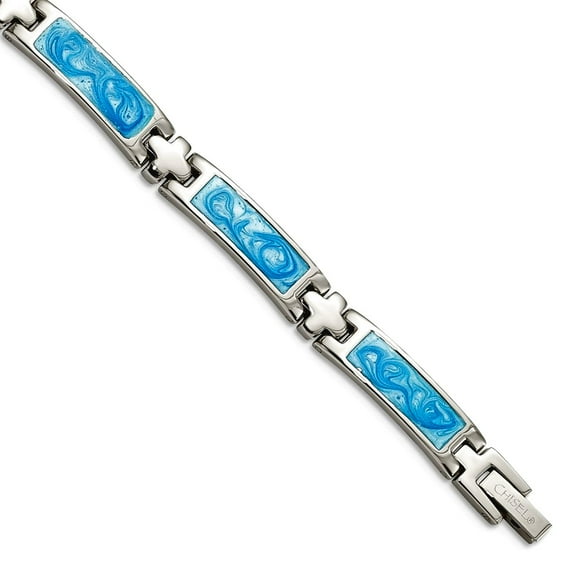 Stainless Steel Polished Fold-over Blue Enamel 7.25inch Bracelet 6mm Wide Link Bracelet for Women