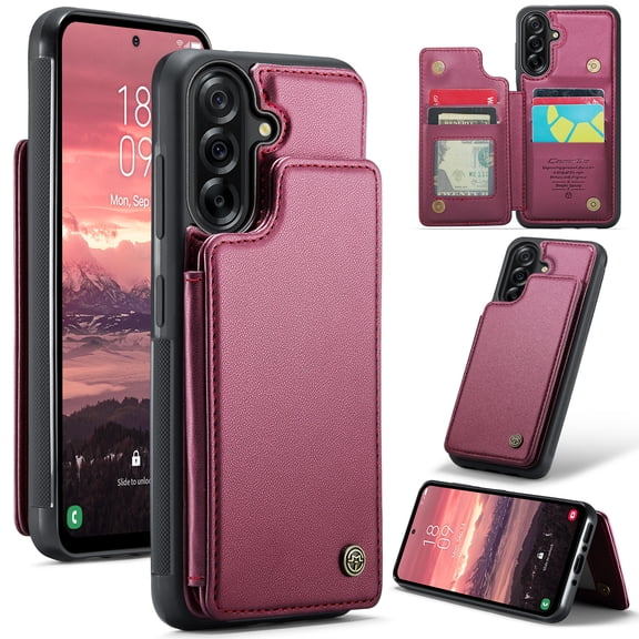 For Samsung Galaxy A36 Case with Card Holder, Wallet Flip Cover Case with RFID Blocking, Durable Leather Kickstand Magnetic Clasp Shockproof Phone Case for Women Men,Red