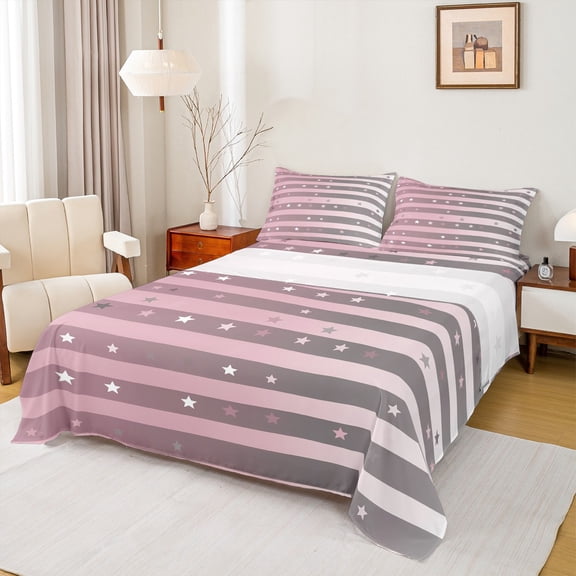 Feelyou Modern Fashion Full Size Sheets for Teens, Cartoon Stars Print Bed Sheets, Grey Pink Geometric Sheet Sets, Luxury Bedroom Decor, 4pcs