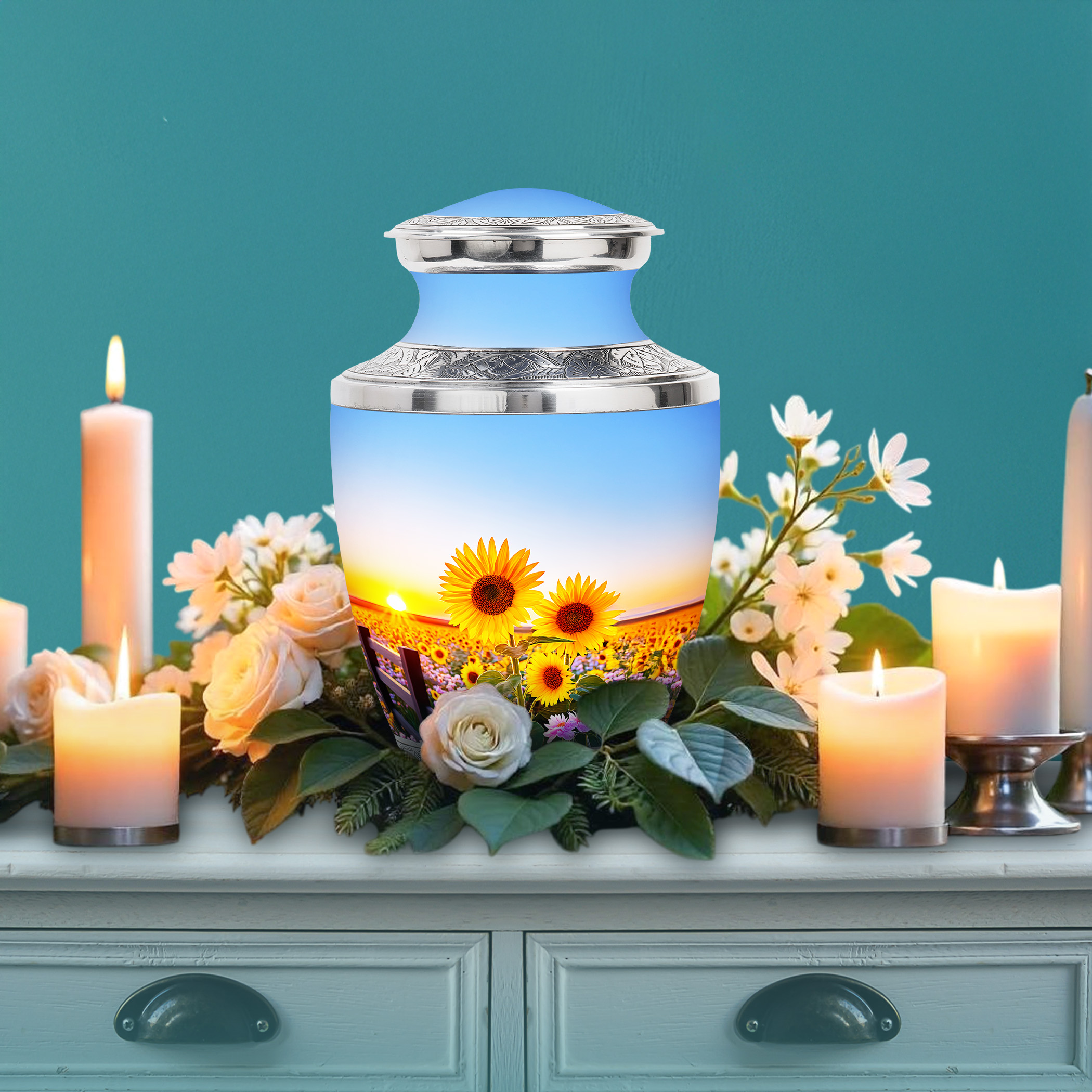 SABURIAL Sunflower Urn - Burial Urns For Adult Human Ashes - 10 Inch - Large With Velvet Bag - Funeral Urn Adult Ash Man & Women - Memorial Burials For Ash - Cremation For Ashes