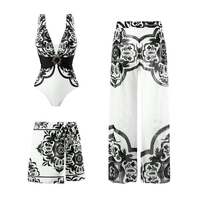 Maillot de Bain pour Femme à Imprimé Floral, Encolure Carrée, Confortable et Extensible, Été, Plage