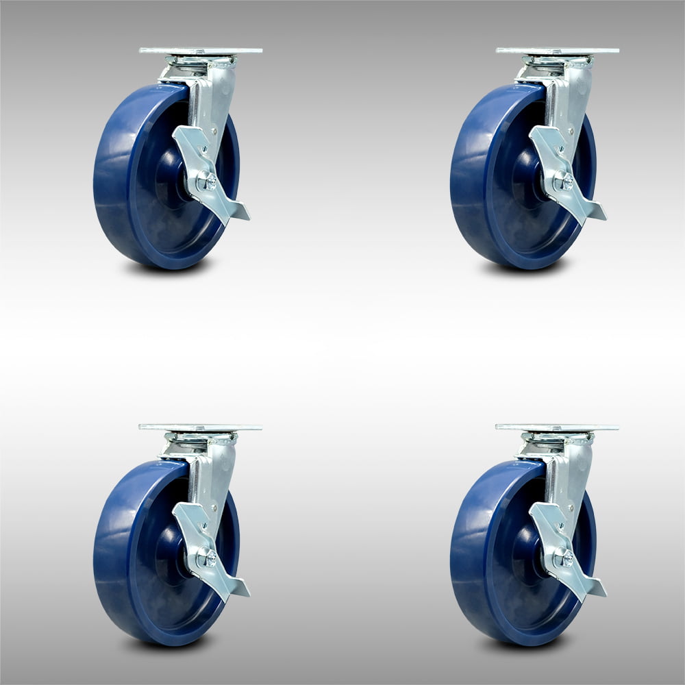 Blue Solid Poly Wheel 4" x 2" Stainless Steel Swivel Caster with Locking Brake 
