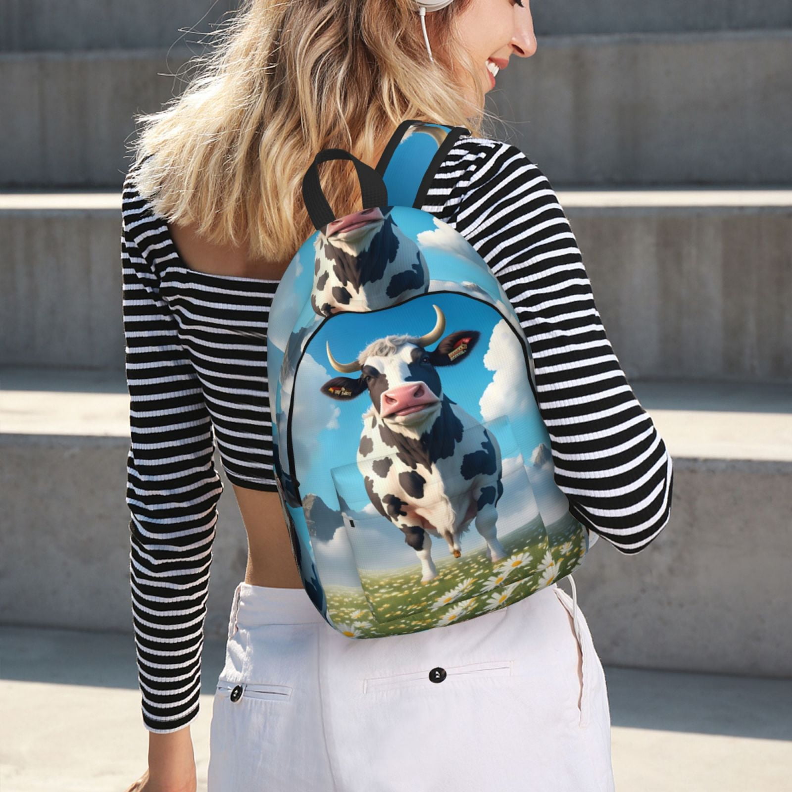 Picia Cute Daisy Cow A Printed Canvas Daypack - Stylish and Durable Vintage Compact Backpack - Class, Work, Travel, or Laptop Bookbag,Organized Compartments-Small