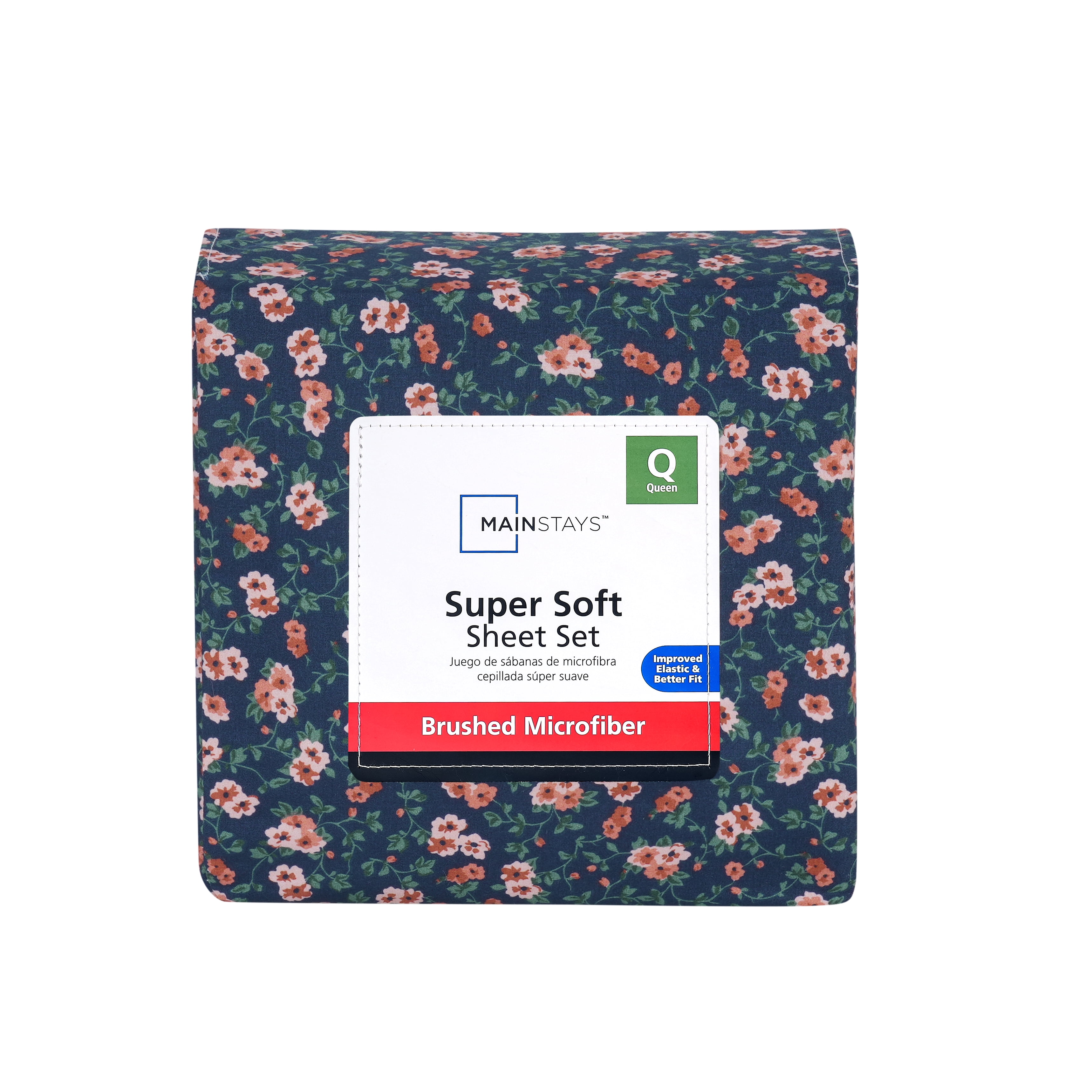 Mainstays Super Soft Brushed Microfiber Bed Sheet Set, Blue Multi Floral, Queen, 4 Piece