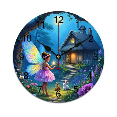 Fairy ,Colorful Houses Forest Printed Silent Wall Clock Round Kitchen Clock Chic Quiet Desk Clock For Living Room