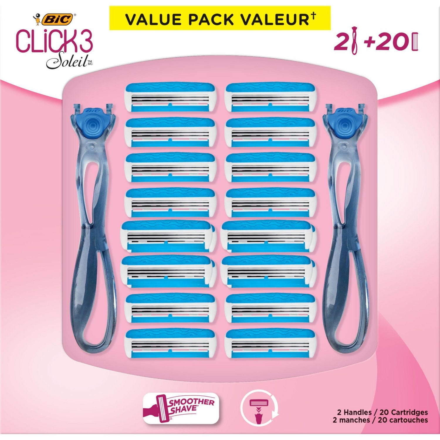 BIC Click 3 Soleil Women's Disposable Razors, 3 Blades With a Moisture Strip For a Smoother Shave, 2 Handle + 20 Count
