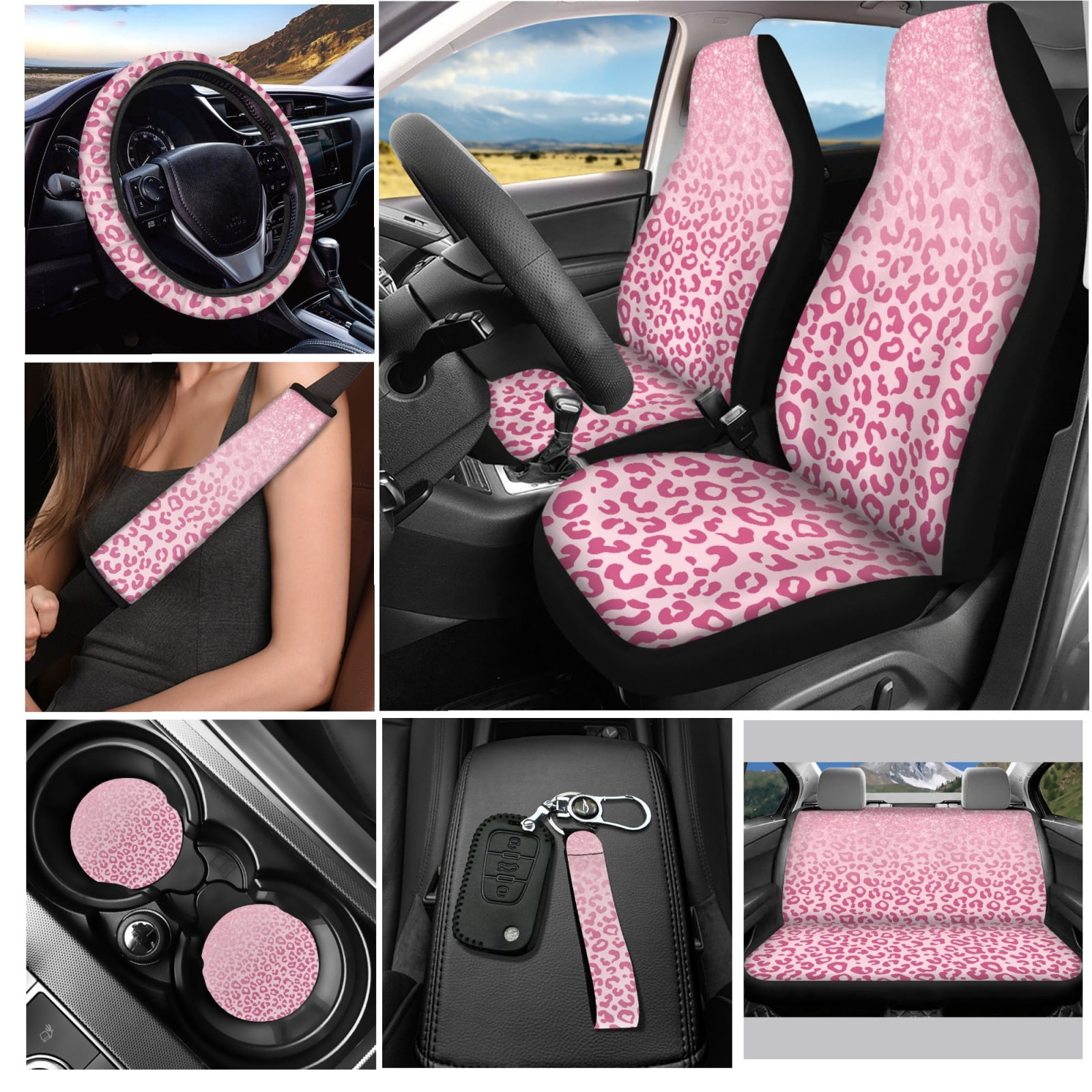 Yuyamidu 12 PCS Pink Leopard Print Car Seat Cover Set with Steering Wheel Cover Seat Belt Covers Cup Coasters Key Chain Car Accessories for Women