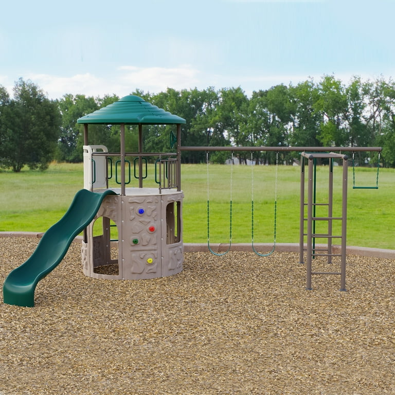 Lifetime Kid s Adventure Tower Swing Set with Monkey Bars Slide and Climbing Wall 91199