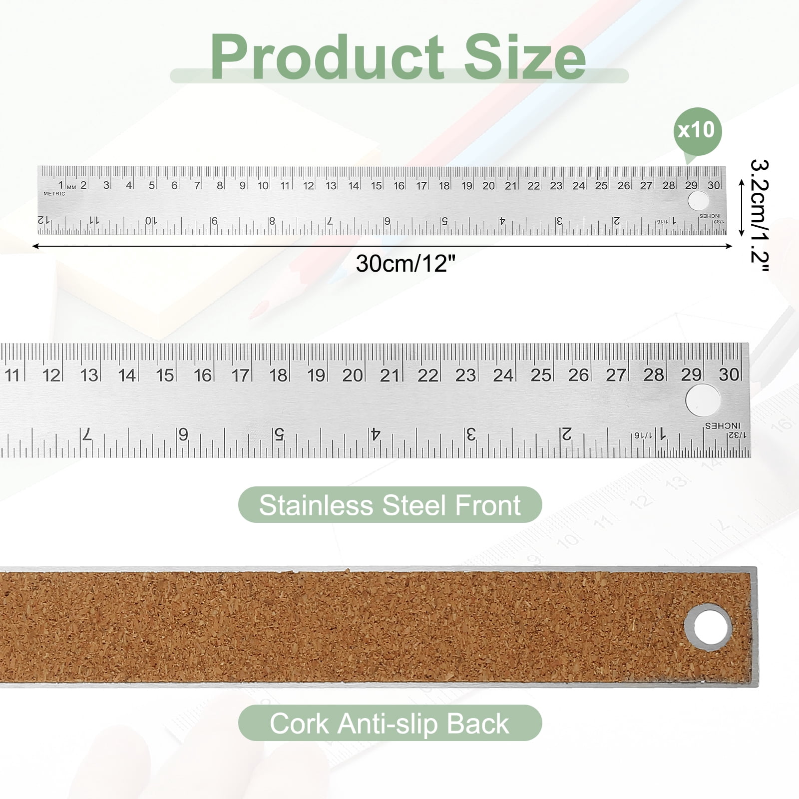 Stainless Steel Ruler Cork Backed, 10Pcs 12 Inch Straight Edge Ruler Non-Slip Cork Backing with Inch and Centimeter Scale for Office Engineering Drawing