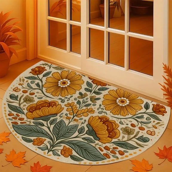 Eliaeconx Thanksgiving Doormat, Fall Maple Leaf Pumpkin Floor Mat, Semicircle Entrance Mat, Non-Slip Floor Decor for Porch, Home, White