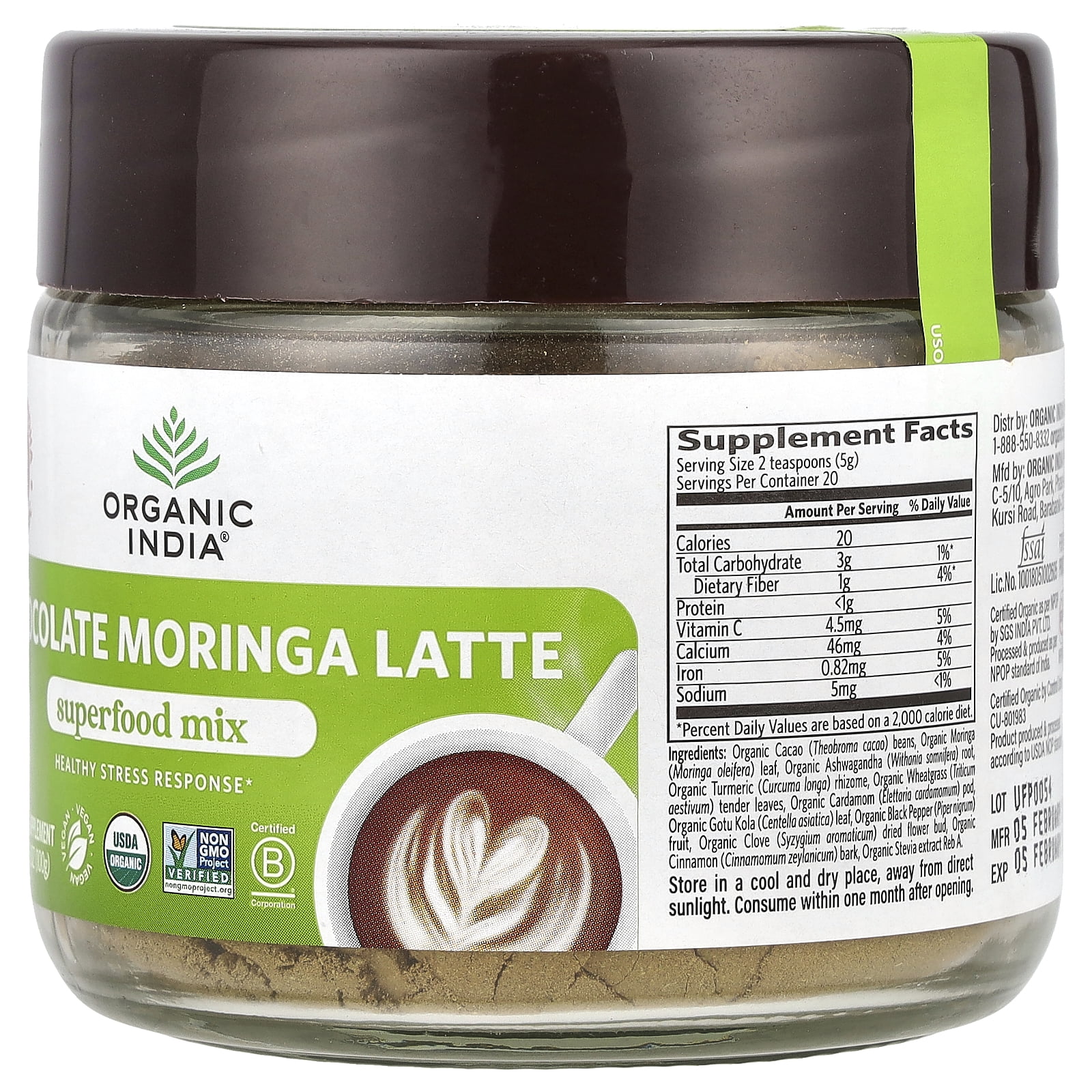 Organic India Chocolate Moringa Latte, Superfood Mix, 3.52 oz (100 g)