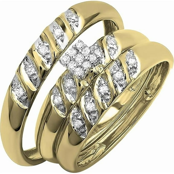 Divine Creation Unisex 14K Yellow Gold Plated 1.82 Ct Round Cut White Diamond Wedding Engagement Trio Ring Set 925 Sterling Silver For Men's & Women's -6