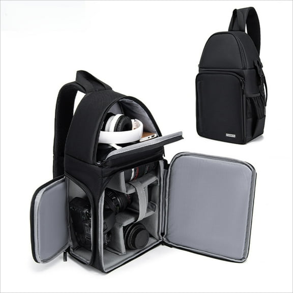 Compact & Waterproof Shoulder Camera Bag, Sling Photography Backpack Holds 1 Camera & 3 Lenses, Breathable Minimalist DSLR Bag (Black, 10.6"x7.5"x17.1")