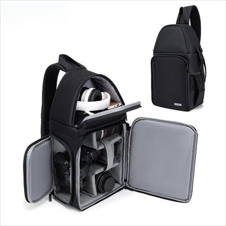 Compact & Waterproof Shoulder Camera Bag, Sling Photography Backpack Holds 1 Camera & 3 Lenses, Breathable Minimalist DSLR Bag (Black, 10.6"x7.5"x17.1")