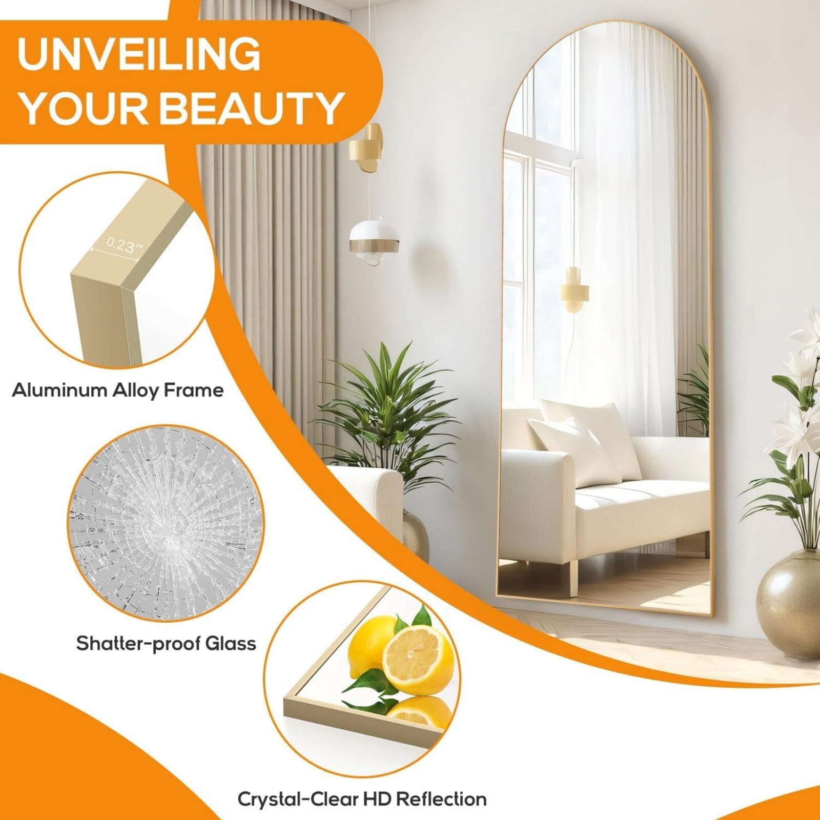 Gleamira 64"x21" Arch Full Length Mirror Floor Mirror Free Standing Mirror with Metal Frame, Gold