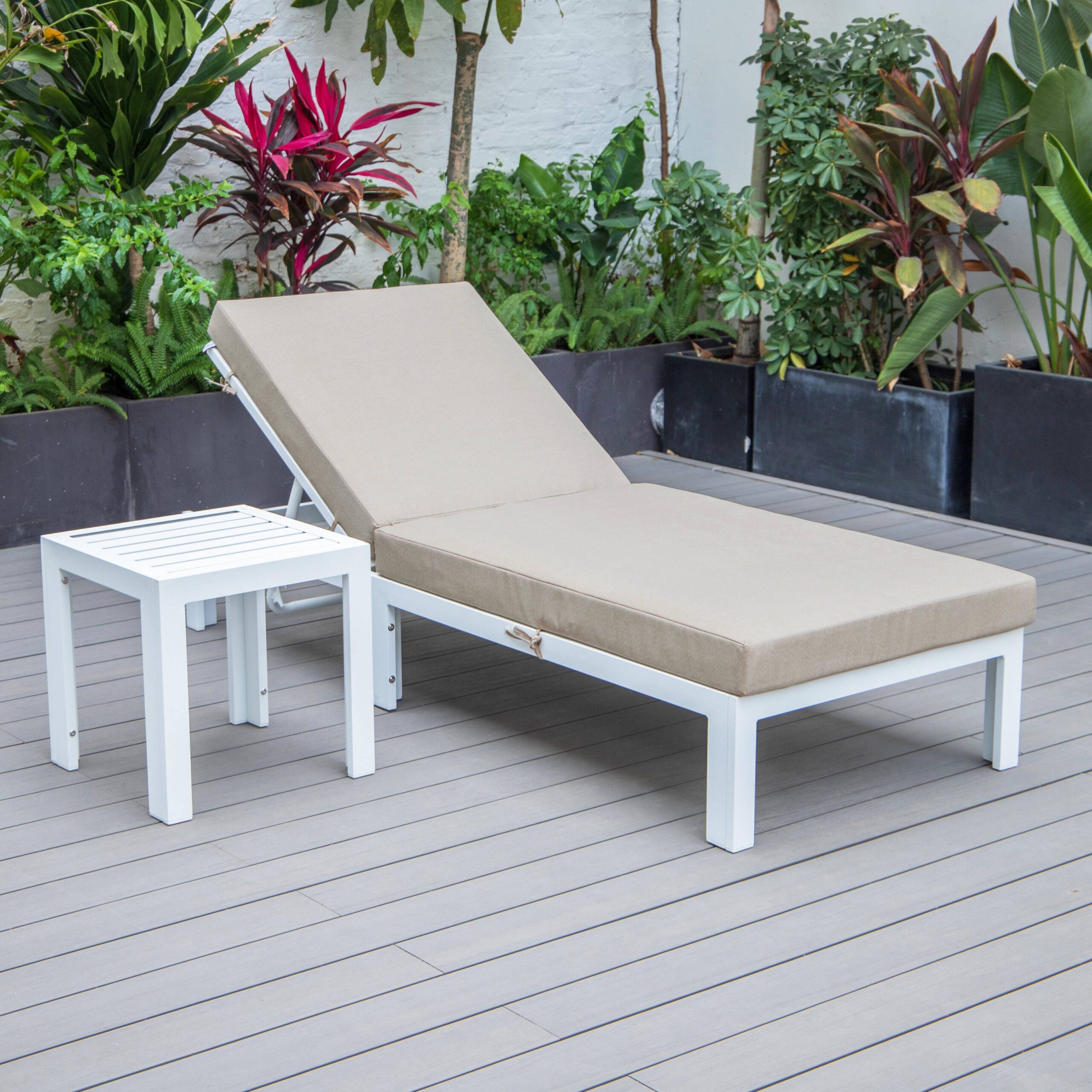 LeisureMod Chelsea Modern Weathered Grey Aluminum Outdoor Chaise Lounge Chair With Side Table & Beige Cushions - image 2 of 13