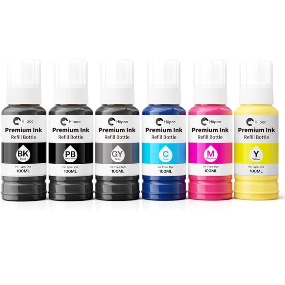 Hiipoo 600ML High Capacity Ink Refill Bottles Fit forT552/552 Ink (6-Pack: BK, PB, C, M, Y, GY, Not Sublimation Ink)