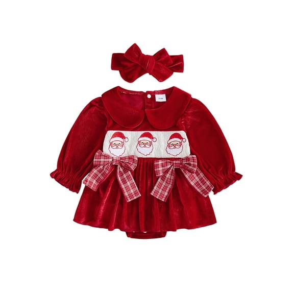 Loicainy Infant Baby Girls Christmas Romper 3 6 12 18 24 Months Long Sleeve Embroidery Santa Bodysuit Headband