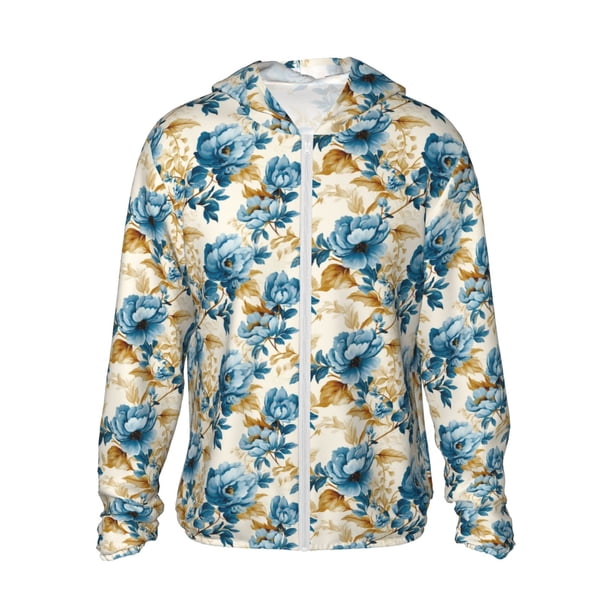 Fotbe Vintage Blue Flowers Chaqueta con Protección Solar UPF 50+ para Hombre y Mujer, Camisa con Capucha y Bolsillos-Small