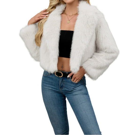 Stichou Womens Faux Fur Jacket Fluffy Fur Coat Cropped Long Sleeve Lapel Fuzzy Winter Outerwear Open Front Warm Jackets White 2XL