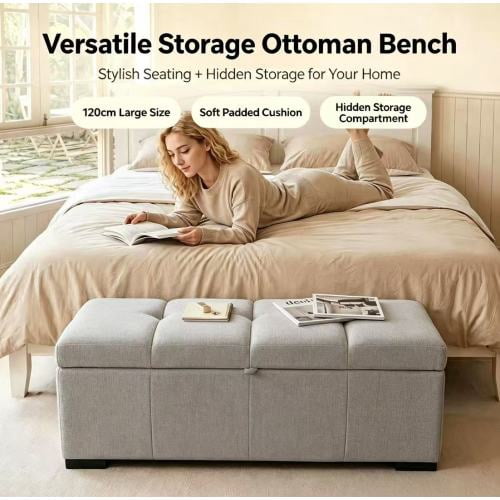 Upholstered Rectangular Storage Ottoman Bench, End of Bed Bench with Hidden Storage, Multi-Use Footrest & Shoe Stool for Bedroom, Living Room, Entryway, Gray