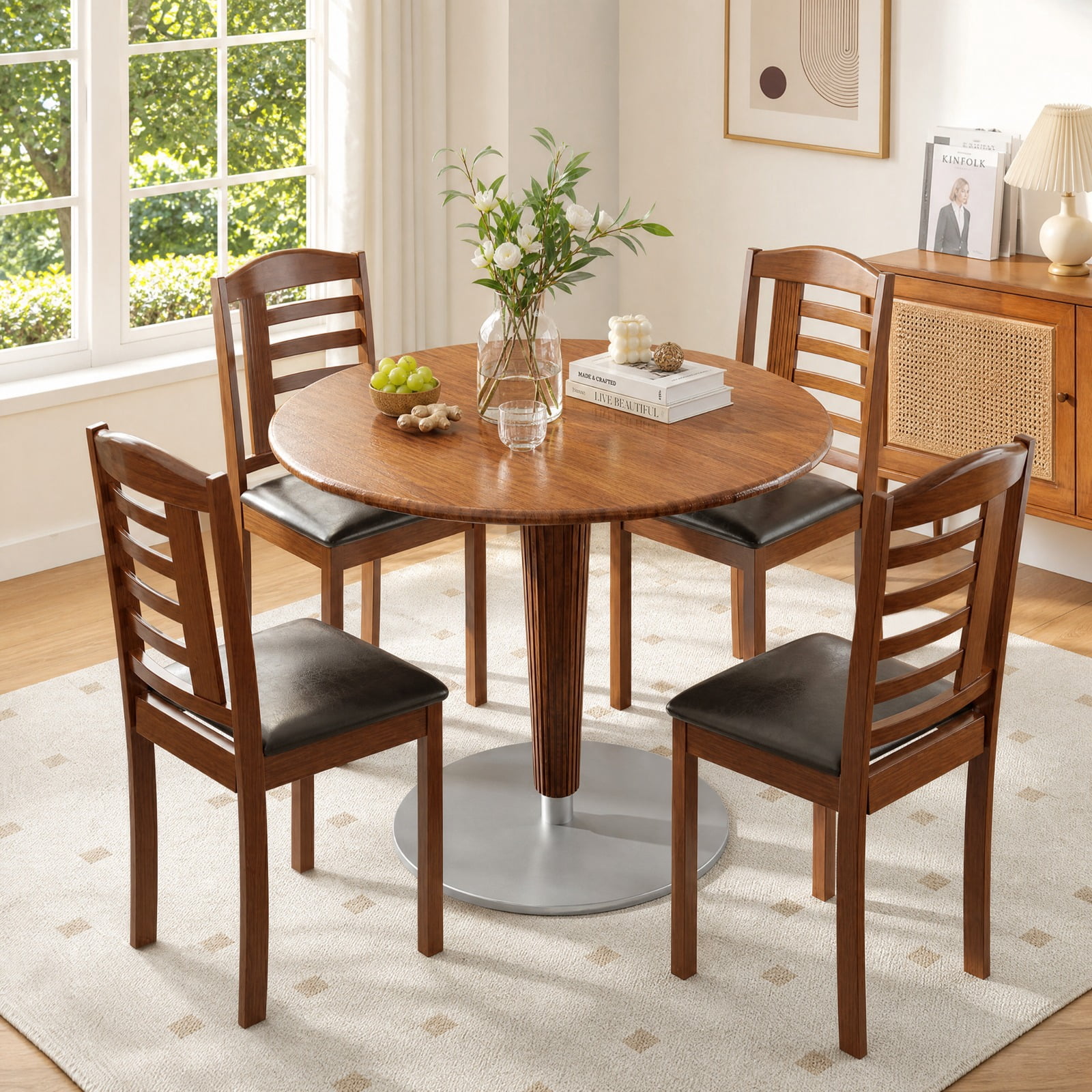 Furnibear Set of 2 Wood Kitchen Chairs with Faux Leather Upholstered Seat and Ergonomic Backrest for Dining Room and Restaurant, Black
