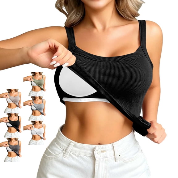 TGSLY Ribbed Tank Tops for Women Stretchy Soft Square Neck Built-in Shelf Bra Sleeveless Shirts Dressy Casual Solid Color Camisole M