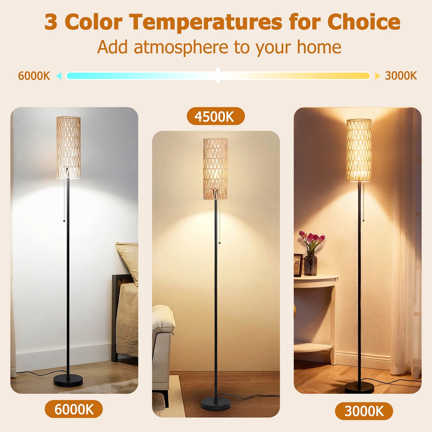 Vesteel Floor lamp for Living Room, Farmhouse Rattan Floor Lamp with 3 Color Temperatures, Standing Lamp for Bathroom, Office, Study Room