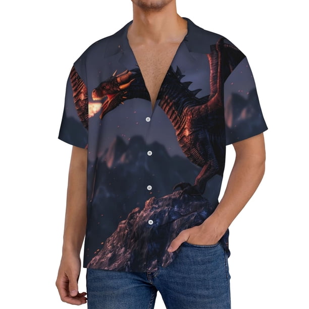 Balery Fire Breathing Dragon Twilight Camisa Casual de Manga Corta con Botones para Hombre, Texturizada, Estilo Cubano, para Playa, Verano-Small
