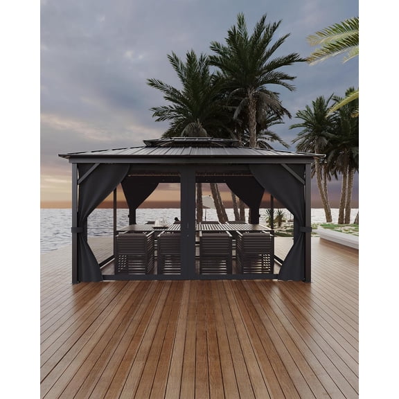 Hardtop Gazebo 12x14 Ft for All Weather, with Double Metal Roof, Net, and Curtain, Permanent Building for Patio, Deck, Backyard, Lawn, and Garden