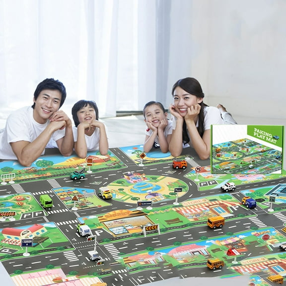 FONDOTIN Toy Car Mats With Roads Car Toys For Children 1 Set Non Woven Cloth Rectangular Indoor Play 51X39In