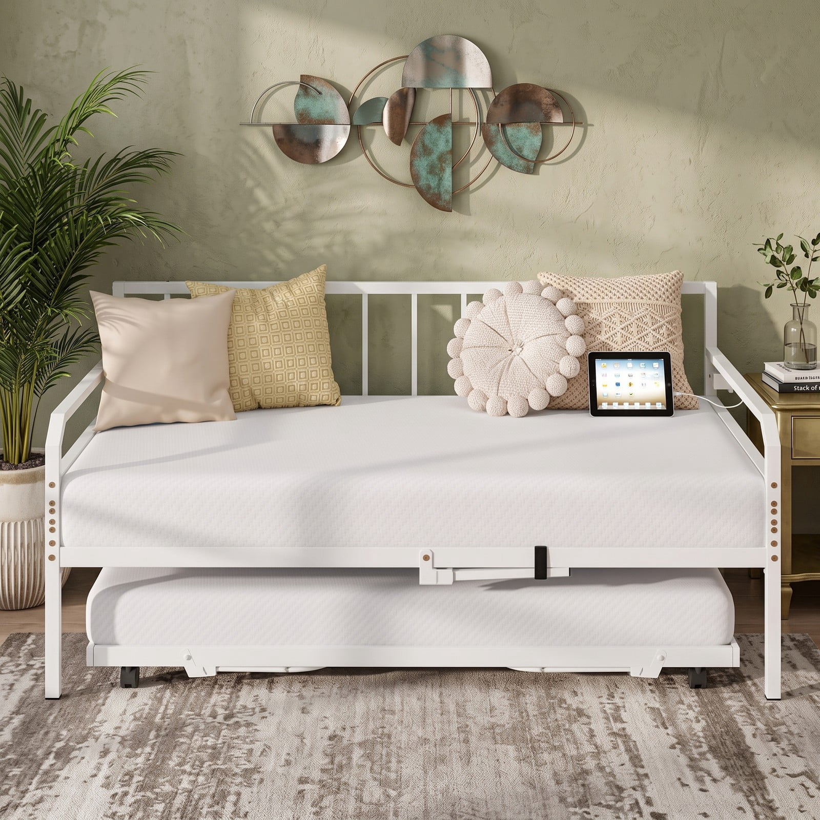 Furnibear Twin Metal Daybed with Pop-Up Trundle, Built-In Charging Station and LED Light for Bedroom and Guest Room, White