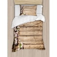 thumbnail image 3 of Rustic Queen Size Duvet Cover Set, Sweet Spring Flowering Tree Branch on Weathered Wooden Blooming Orchard Image, Decorative 3 Piece Bedding Set with 2 Pillow Shams, Pink Brown Green, by Ambesonne, 3 of 3
