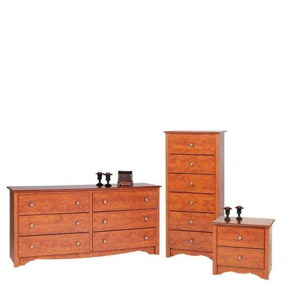 3 Piece Set with Lingerie Chest Dresser and Nightstand in Cherry