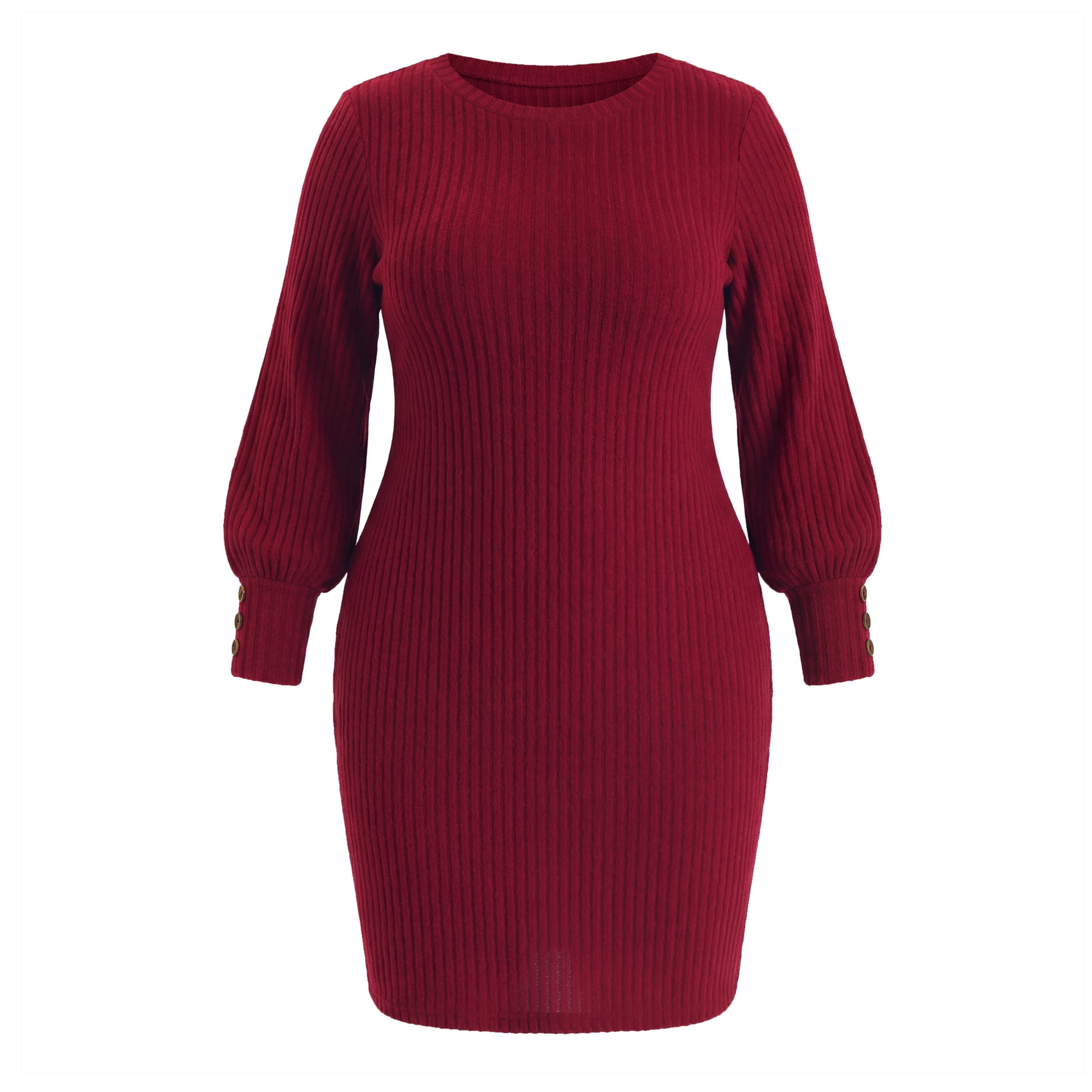 DARING DIVA Women's Plus Sweater Ribbed Knit Lantern Sleeve Dress 1X Dark Red
