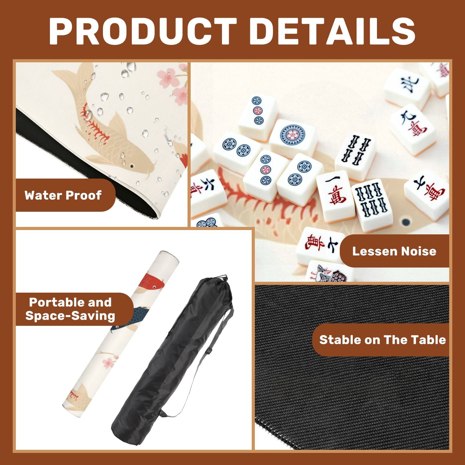 Mahjong Mat 31.5" x 31.5" Garden Oriental china garden spring asian fishes nature art Non-Slip Noise Reduction American Mahjong Tiles Table Cover for Dominoes Poker Card Board Games Gift