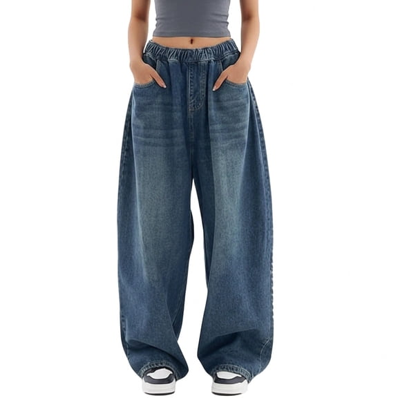 EMMIOL Women's High Rise Baggy Barrel Jeans Y2K Vintage Wide Leg Jeans with Elastic Waist Dark Wash Boyfriend Denim Pants