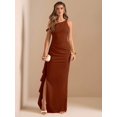 thumbnail image 5 of Rust Brown One Shoulder Ruched Wrap Maxi Dress With Asymmetrical Ruffle Hem, 5 of 7