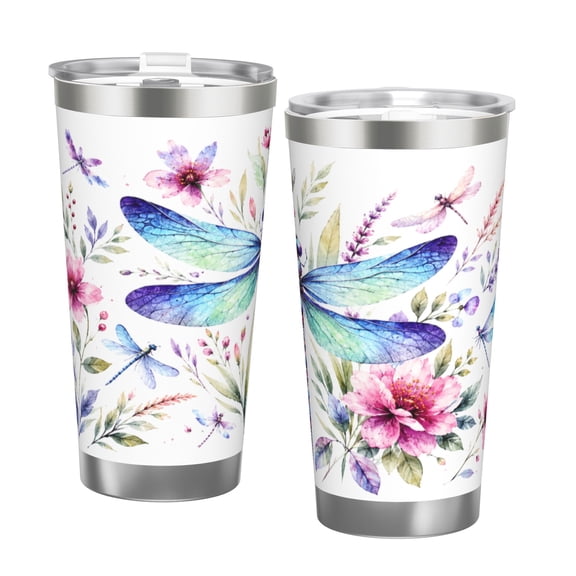 20oz Watercolor Dragonfly Floral Insulated Tumbler with Handle and Straw Travel Cup Car Cup with Double Silver Rim