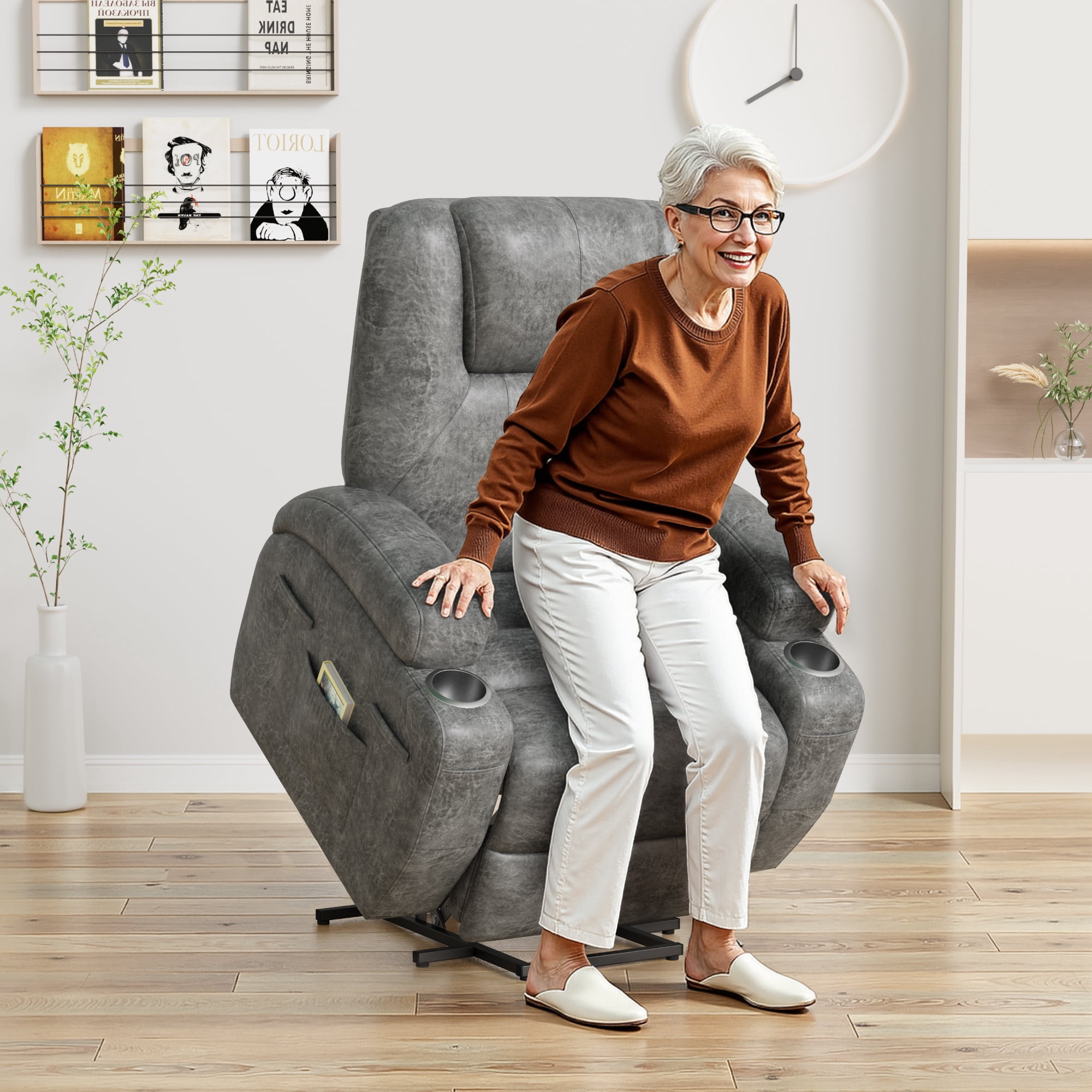 Vineego Power Lift Recliner Chair with Massage - Remote Control, Leathaire Fabric, Cup Holders for Elderly & Home Theater,Gray