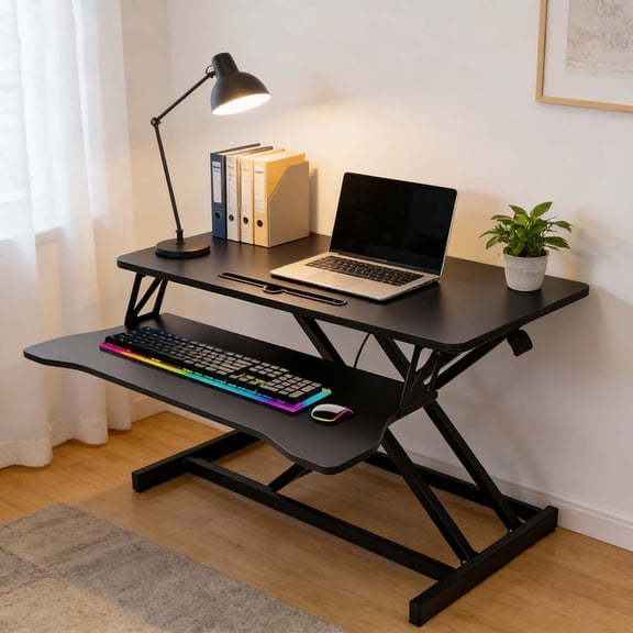 Dual Monitor & Laptop Stand Up Desk, 17" Wide Height Adjustable Computer Desk | Sit Stand Table Converter & Ergonomic Home Office Workstation