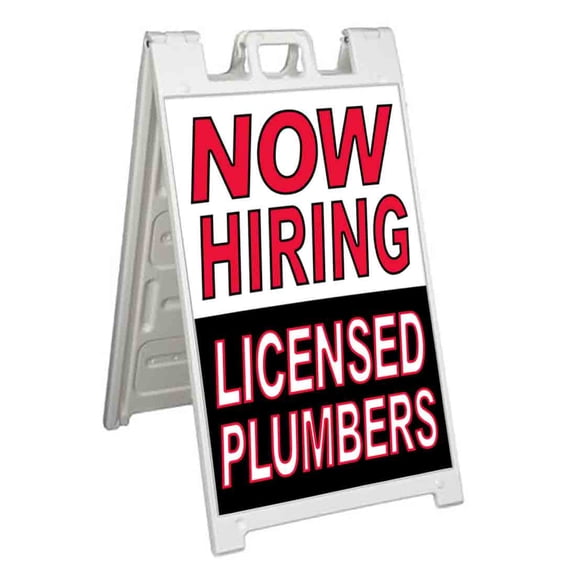 Now Hiring Licensed Plumbers Red Invert (24" X 36") Standard A-Frame Signicade, Includes Decal Applied To Stand