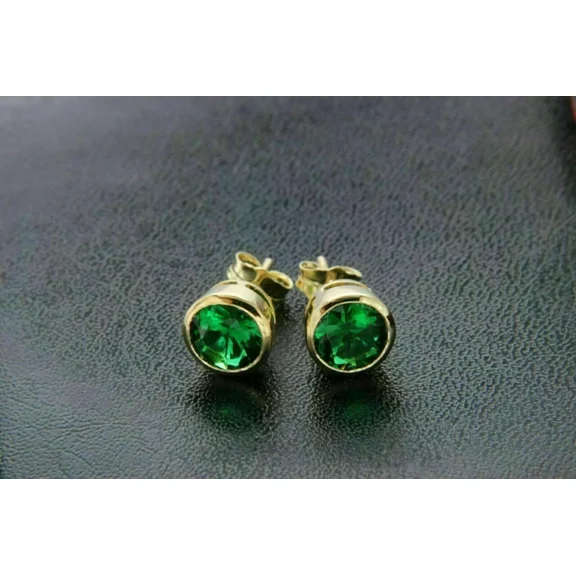 2 Ct Round Cut Created Green Emerald Bezel Set Stud Earrings 14K Yellow Gold Plated