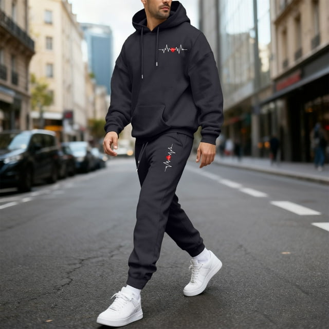 Ceisia Men's Loose Fit ECG Print Hooded Sweatshirt & Jogger Set - Warm Stretch Casual Two-Piece Tracksuit Gifts