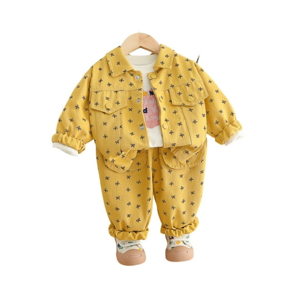 Toddler Girl Three Piece Outfit Set Long Sleeve Jacket Printed T Shirt and Elastic Waist Pants Casual Style