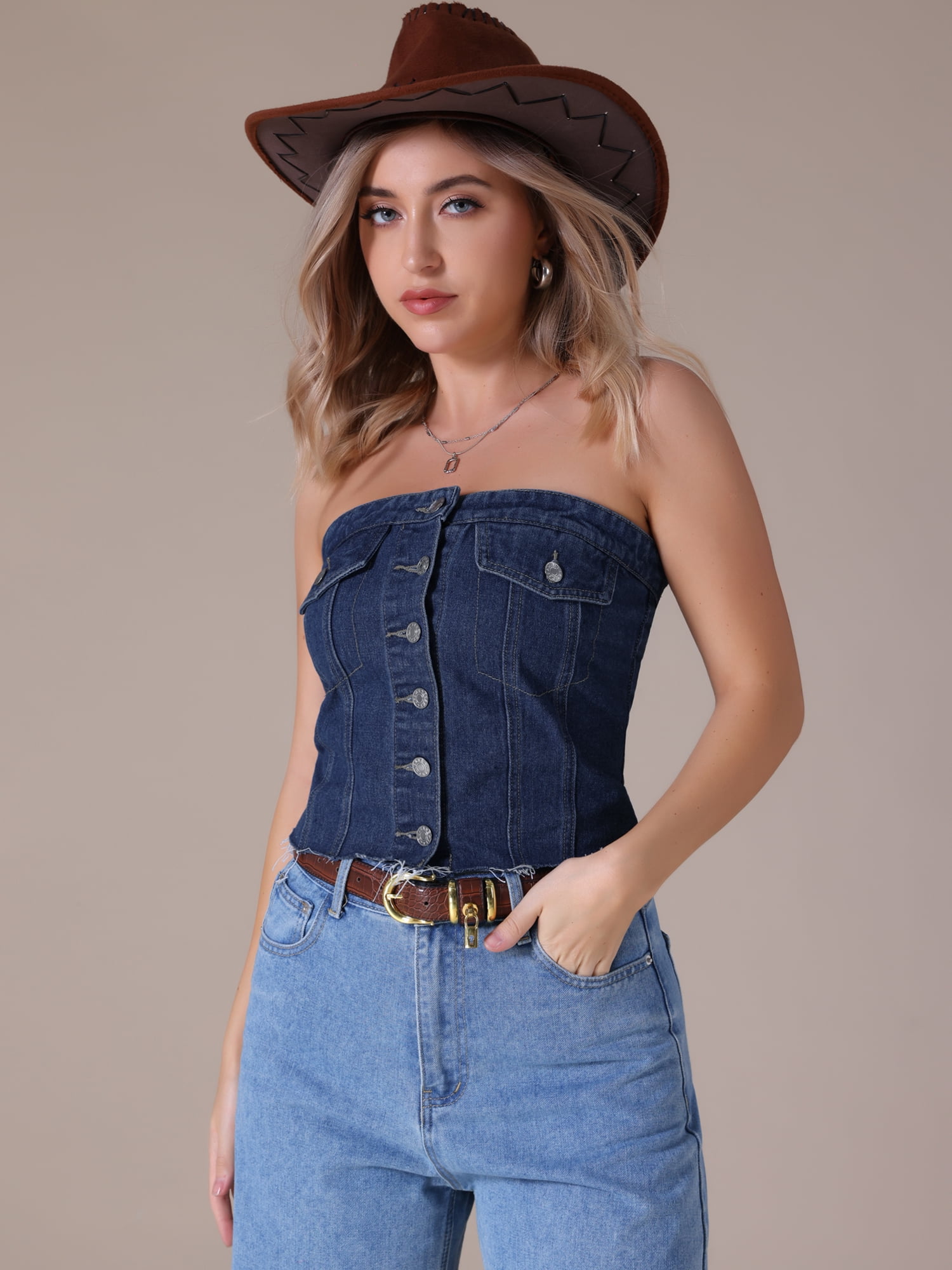 DARING DIVA Denim Tube Button Front Raw Hem Crop Strapless Bandeau Top S Dark Blue