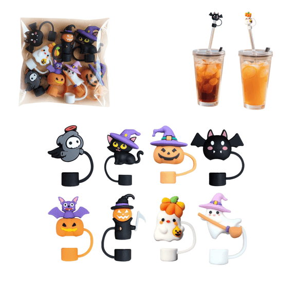 8Pcs Halloween Straw Toppers, 10mm Reusable Dust Proof Straw Plugs, Themed Cup Accessory for Holiday Party Drink Decor