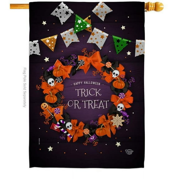 Ornament Collection H192140-BO 28 x 40 in. Trick or Treat Wreath House Flag with Fall Halloween Double-Sided Decorative Vertical Flags Decoration Banner Garden Yard Gift